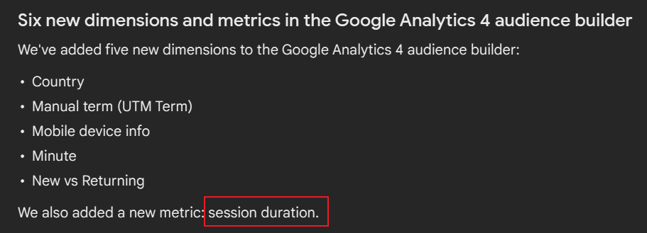 5 new dimensions and one important metric added to #GA4 Audience builder...