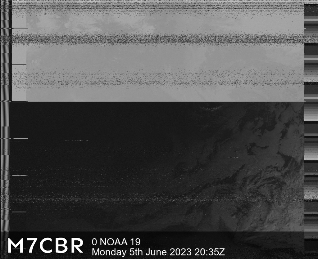 NEW: Here's the latest image from 0 NOAA 19 as received by the M7CBR VHF groundstaion #m7cbrautoimage #noaa19