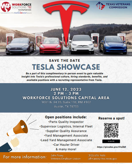 Join us in #Austin for a @Tesla  Employer Showcase on June 12th, hosted by our @TexasVeterans team at the @wfscapitalarea Center. Representatives from Tesla will answer questions from #job seekers at the #showcase.

Register at  qrcodes.pro/rVeZbK

#veterans