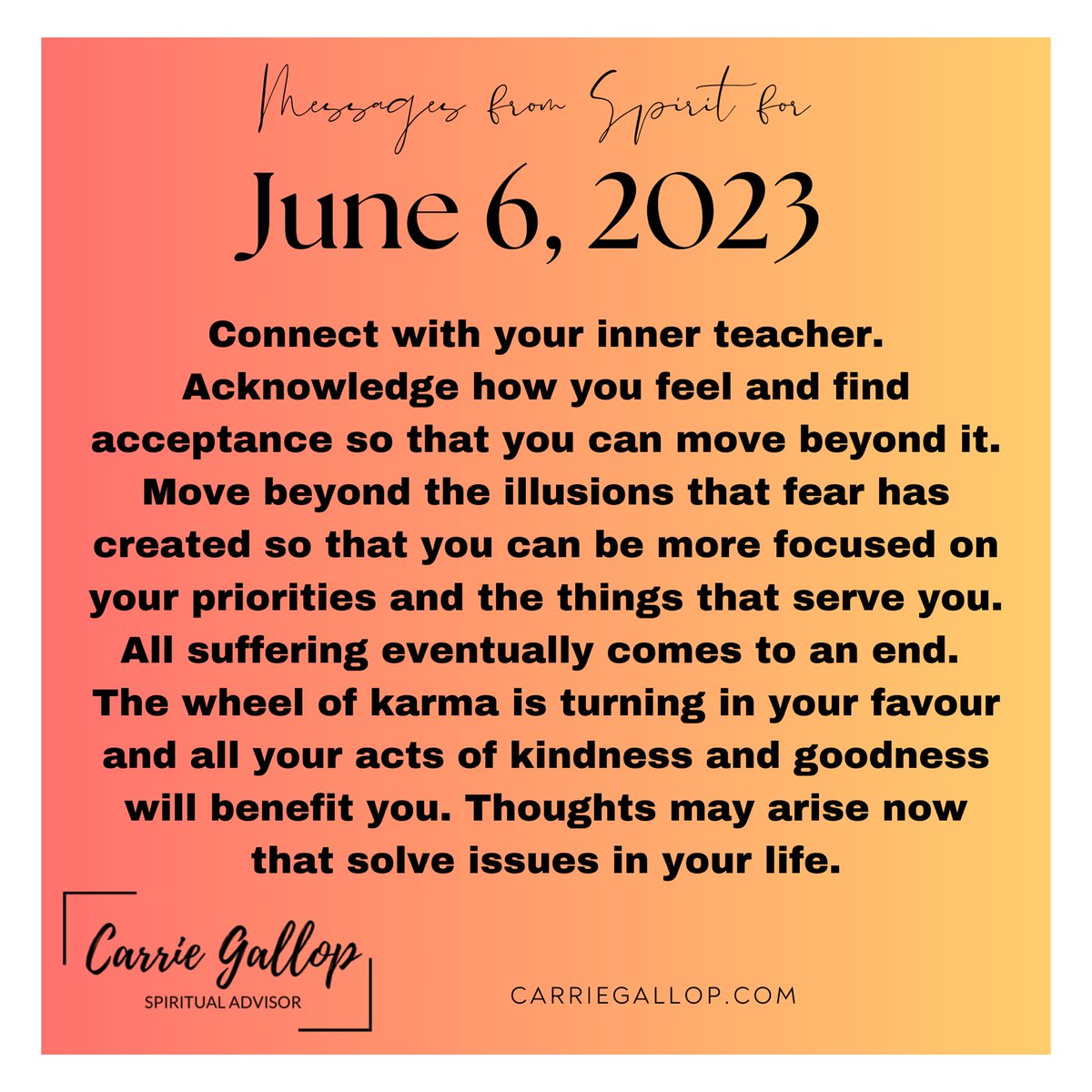 Messages From Spirit for June 6, 2023 ✨

#Daily #Guidance #Message #MessagesFromSpirit #June6 #Connect #InnerTeacher #Acknowledge #Feelings #Acceptance #MoveBeyond #Illusions #Fears #Focus #Priorities #Suffering #Ends #Karma #Favour #Kindness #Goodness #Benefit #Thoughts #Ideas