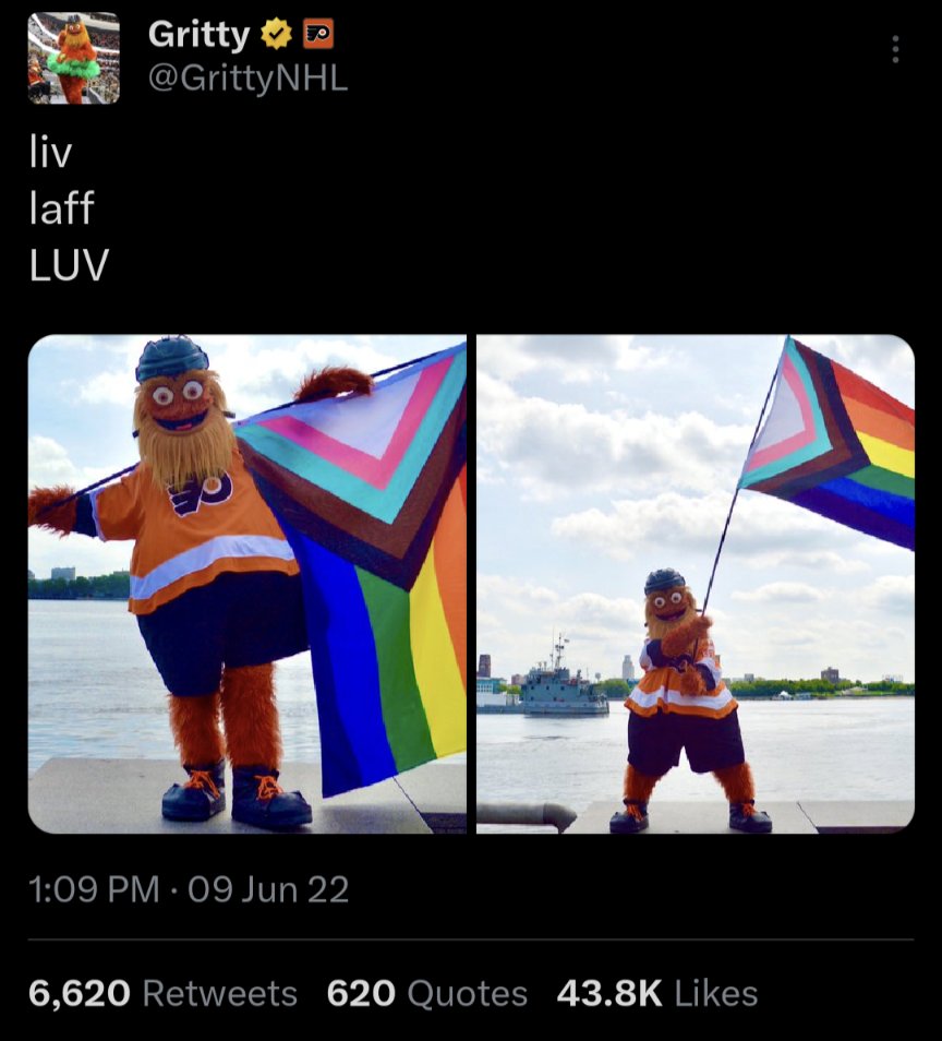 @GrittyNHL The bigots complaining that Gritty 'went woke recently' clearly don't know this is far from new or recent for Gritty. 

liv laff LUV ❤️🧡💛💚💙💜