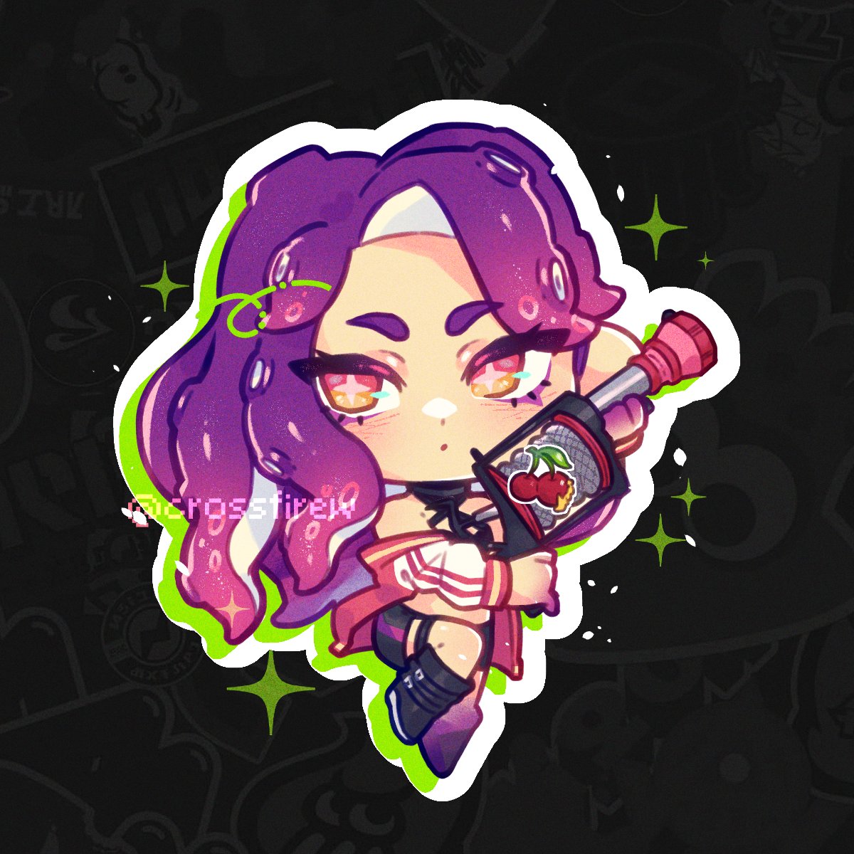 1girl chibi solo purple hair tentacle hair holding long hair  illustration images