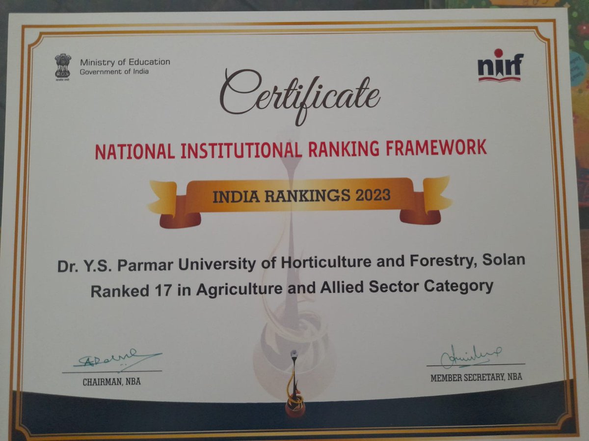 UHF Nauni @Nauniuniversity
secured 17th rank in #NIRFRankings2023  in newly created category of Agriculture and Allied Sectors. An improvement of 5 positions over last year's ICAR rankings @EduMinOfIndia