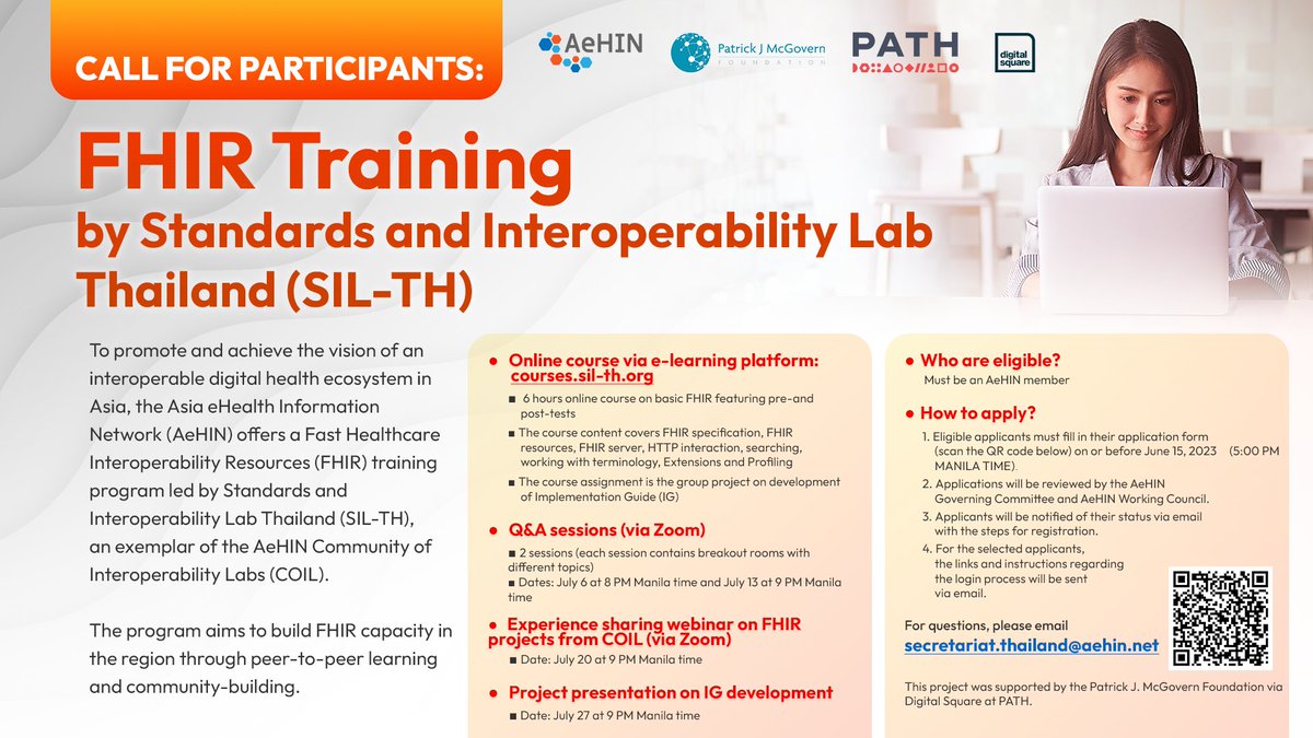 WeAreAeHIN's tweet photo. To promote &amp; achieve the vision of an #interoperable #digitalhealthecosystem in Asia, AeHIN is offering a #FHIR training program led by SIL-TH. The program aims to build FHIR capacity in the region through peer-to-peer learning and community-building.

👉 https://t.co/mwQRffo1UH https://t.co/vvlwNead2I