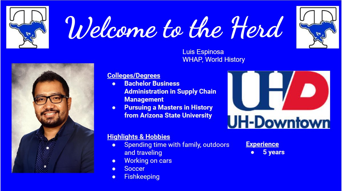 THS Social Studies Department (@ths_ss_79) on Twitter photo Adding another Mustang to the SS Herd. Welcome our newest WHAP teacher, Mr. Espinosa!! <a href="/THS_Mustangs/">James E. Taylor High School</a> <a href="/MsEmilyEElliott/">Ms. Emily Elliott</a> Adding another Mustang to the SS Herd. Welcome our newest WHAP teacher, Mr. Espinosa!! <a href="/THS_Mustangs/">James E. Taylor High School</a> <a href="/MsEmilyEElliott/">Ms. Emily Elliott</a>