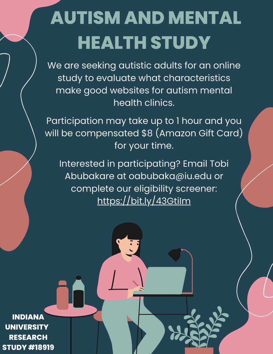 I'm seeking autistic adults for my online study on how individuals’ identity influences their evaluations of healthcare settings. 

Study is 1 hr &amp; pay is $8 Amazon gift card. Interested participants can complete our eligibility screener: bit.ly/43GtiIm

Please RT/share!
