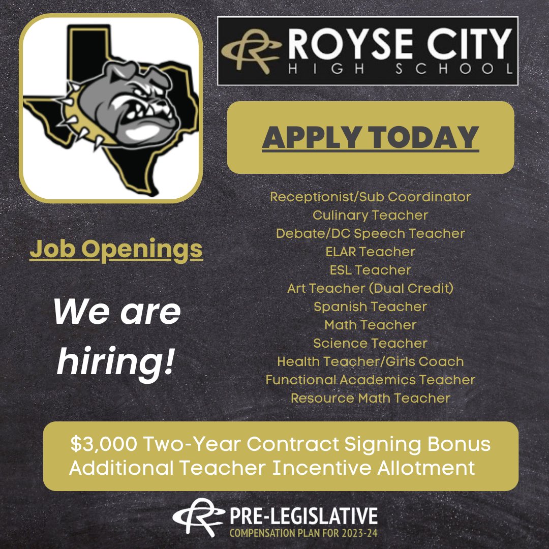 RoyseCityHS's tweet photo. We would love for you to join our Bulldog Family! Apply online at https://t.co/UDTvt5b76h. Join our growing school district! #RCISDJoy #LetsGrowTogether #teamRCHS https://t.co/iGNXgUciYH