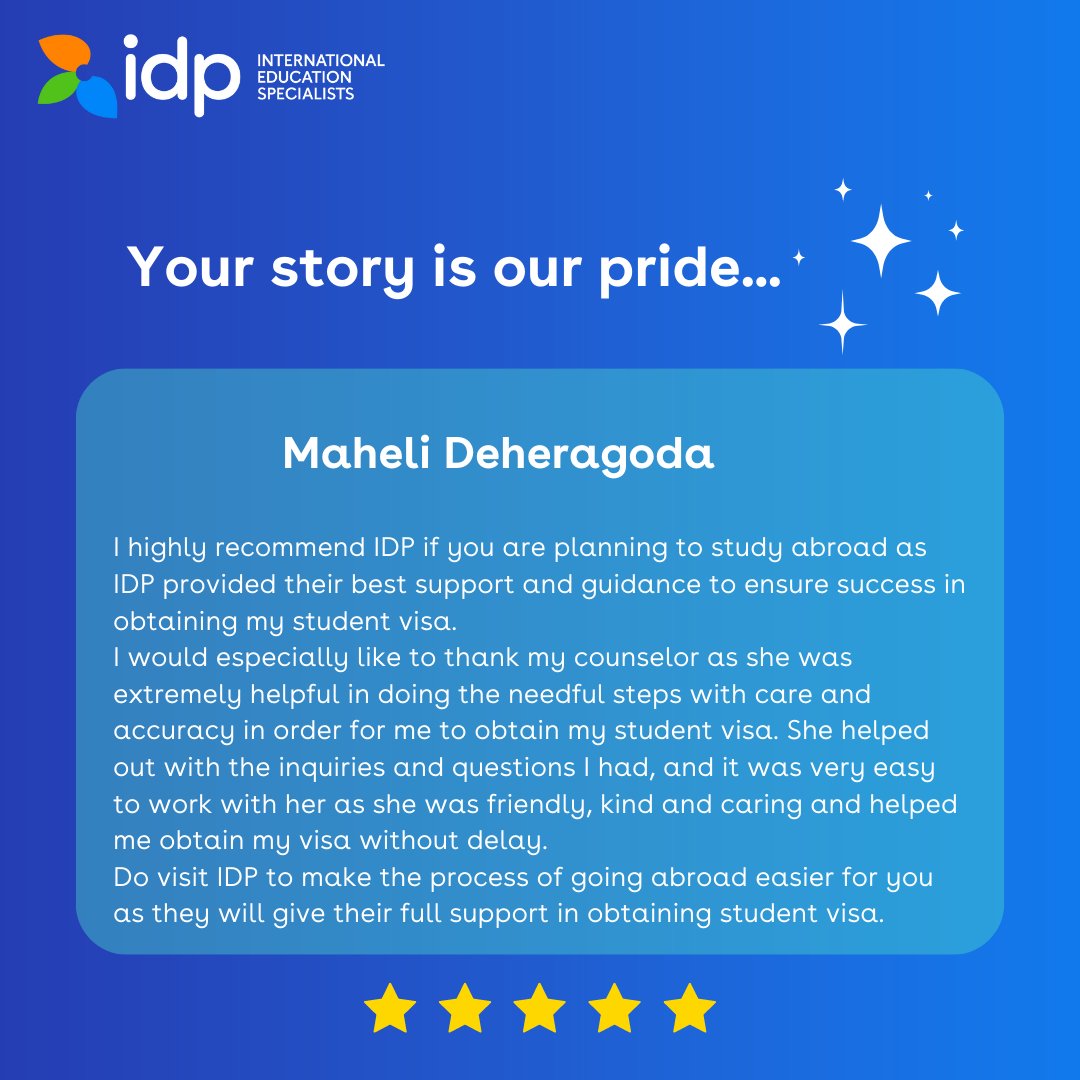 Thank you Maheli Deheragoda !

We wish all the best for your future!

Register with us now: ow.ly/IgnU50JcHLi

#IDP #IDPSL #IDPEducation #Ourpeople #OurPride #StudyAbroad #IDPStudyAbroad #MoreThanStudy #InternationalStudents #StudyRecommendations