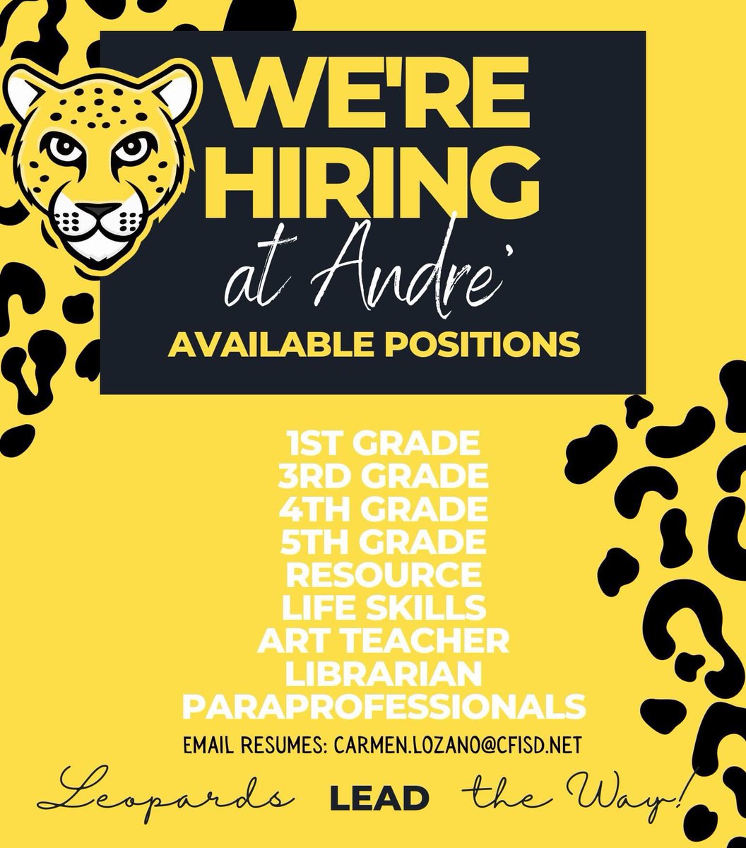 Lashe Fleming (@lashefleming) on Twitter photo Are you ready to...
1. Join a great family and team
2. Be the best cat in town-LEOPARDS ๐
3. #BOTB in students, parents, and the surrounding communities
Then it sounds like you should join us <a href="/CFISDAndre/">Andre' Elementary</a> where we help our Leopards #LEADTheWay Are you ready to...
1. Join a great family and team
2. Be the best cat in town-LEOPARDS ๐
3. #BOTB in students, parents, and the surrounding communities
Then it sounds like you should join us <a href="/CFISDAndre/">Andre' Elementary</a> where we help our Leopards #LEADTheWay