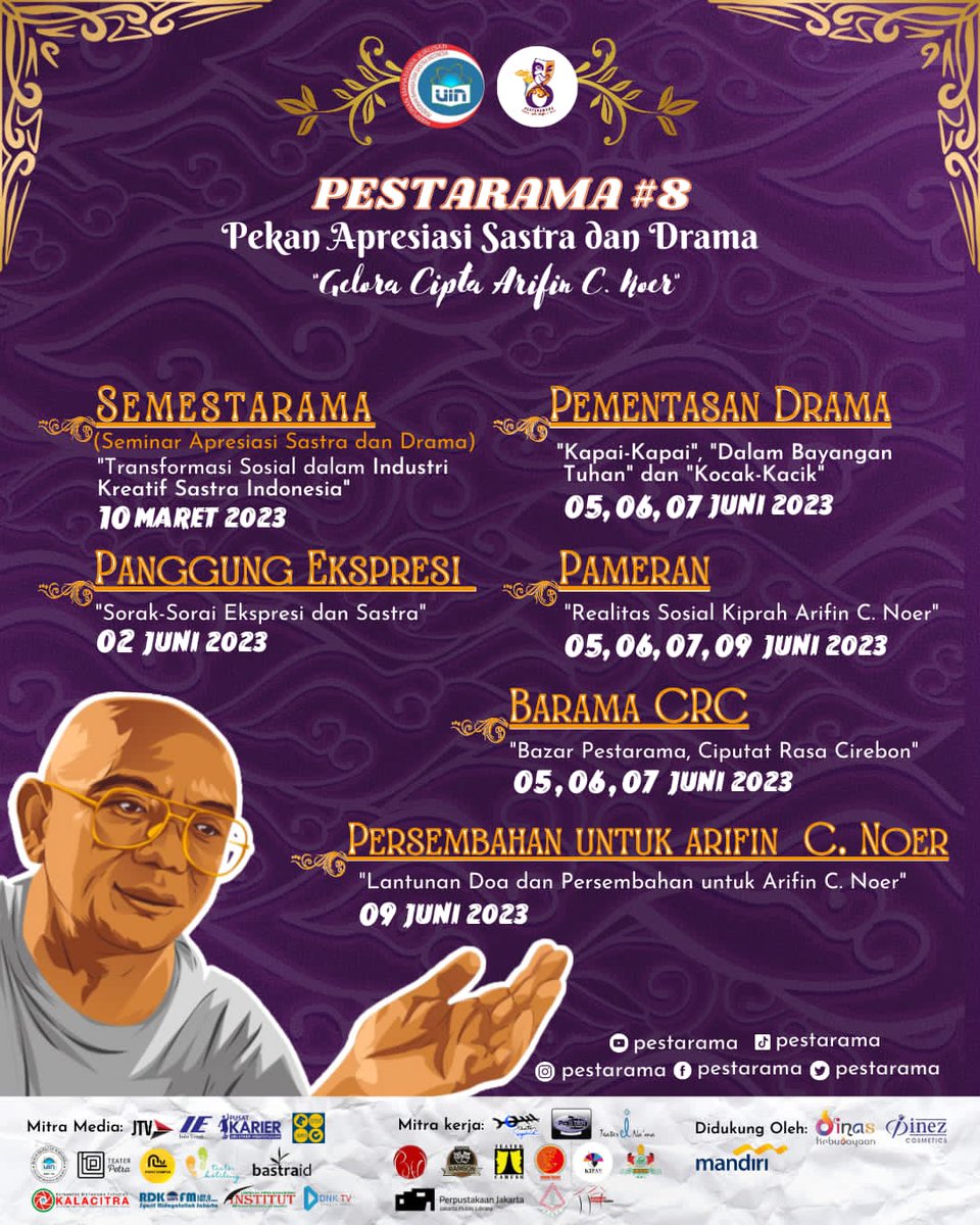 Pagi, Syahiders! 💜🎭
Yuk datang dan berikan apresiasi untuk <a href="/pestaramauinjkt/">💫 Pestarama #10</a> #8.

Banyak aktivitas kebudayaan yang bisa kamu ikuti loh, mulai dari lokakarya, seminar nasional, bazar, pameran, panggung ekspresi, tribute, sampai dengan pementasan teater.