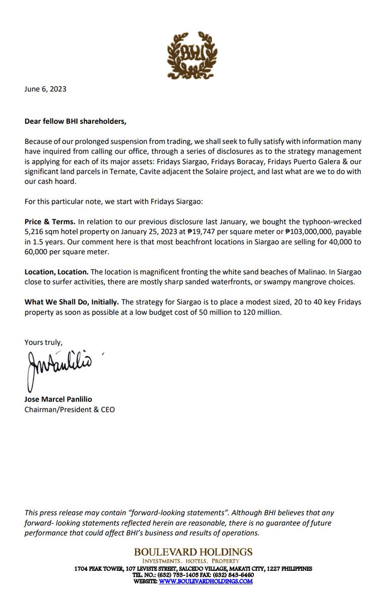 Philippine Stocks on Twitter "BHI Boulevard Holdings, Inc. update