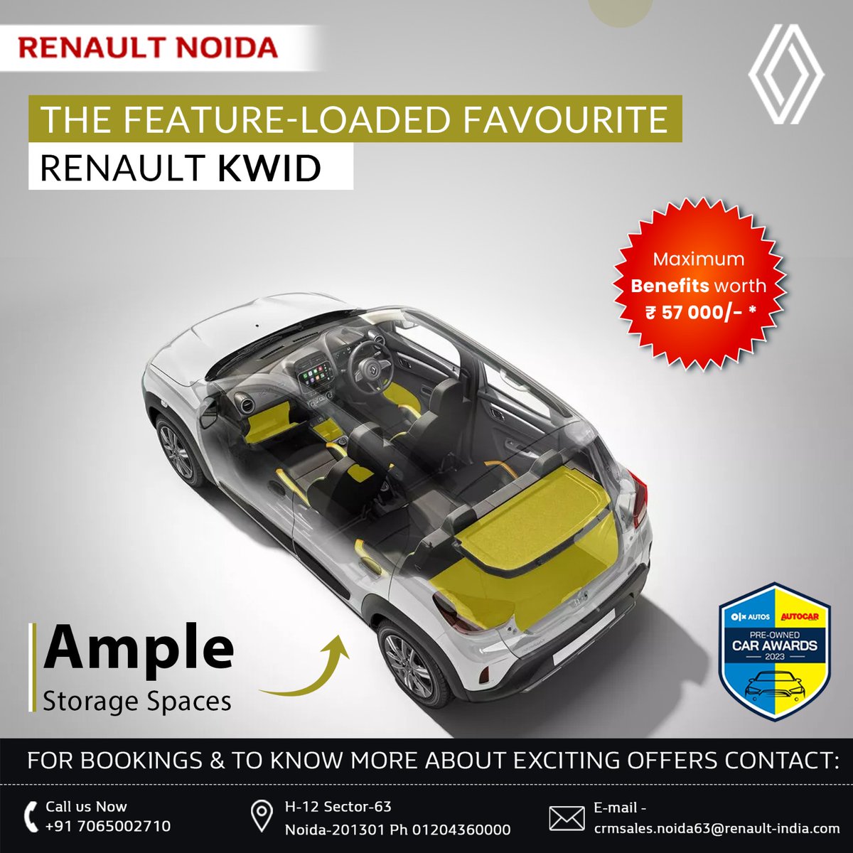 RenaultNoida63's tweet image. 🚗 #RenaultKwid offers smart storage solutions to accommodate all your belongings. From conveniently placed cup holders to spacious glove compartments and door pockets, you'll have plenty of room to stow away your essentials.
#AmpleSpace #SmartDesign #ComfortAndStyle #BookNow