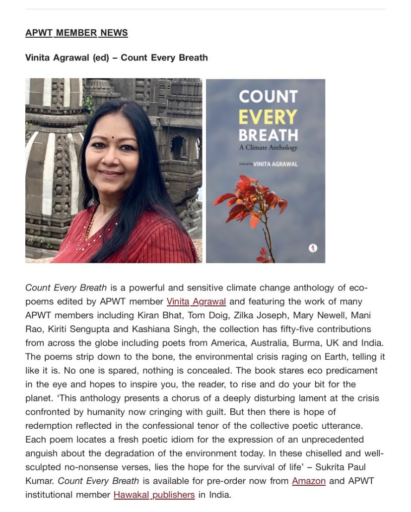 Good to be featured in the wonderful APWT Newsletter for my latest book Count Every Breath! @apwriters #climateanthology #ecopoetry #ecopoetics #counteverybreath #prokashona #hawakal #poetry #poems #literaryactivism #globalanthology #earthpoems