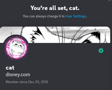 imcatbarf's tweet photo. since @discord let someone steal my entire identity despite being a 2015 account and a zero-hour Nitro subscriber
I guess I am now @Disney.com https://t.co/GwlBIgy1gG