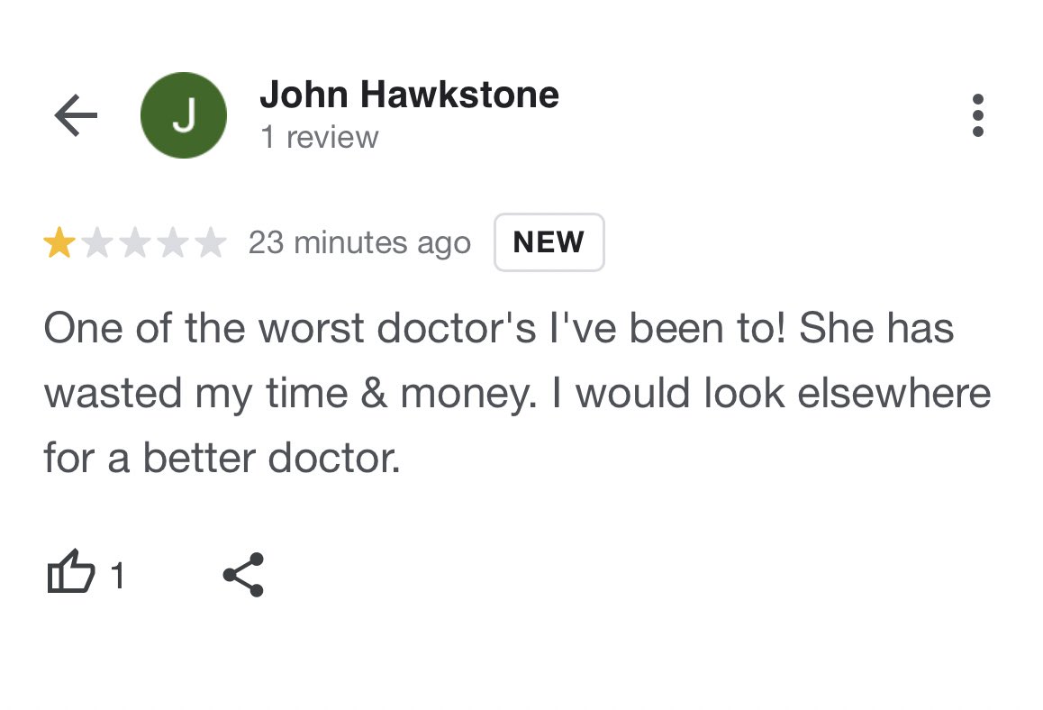 My absolute favorite. Most of the people review bombing me are men. Men who think trans women can’t be women. Are leaving reviews for a gynecologist as if they have seen me as a patient. Strong work you all. Really clever