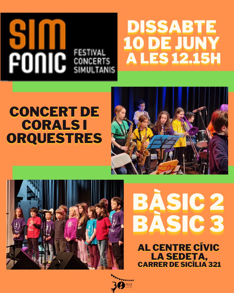 🎶 Dissabte 10 de juny a les 12'15h, els grups de coral i instrumental de Bàsic 2 i Bàsic 3 oferiran un concert al @CCLaSedeta dins la programació del Festival Simfònic d'enguany. No us els podeu perdre!🥰 #ambpausa #fembarri #sommusica #30anysambpausa #festivalsimfonic