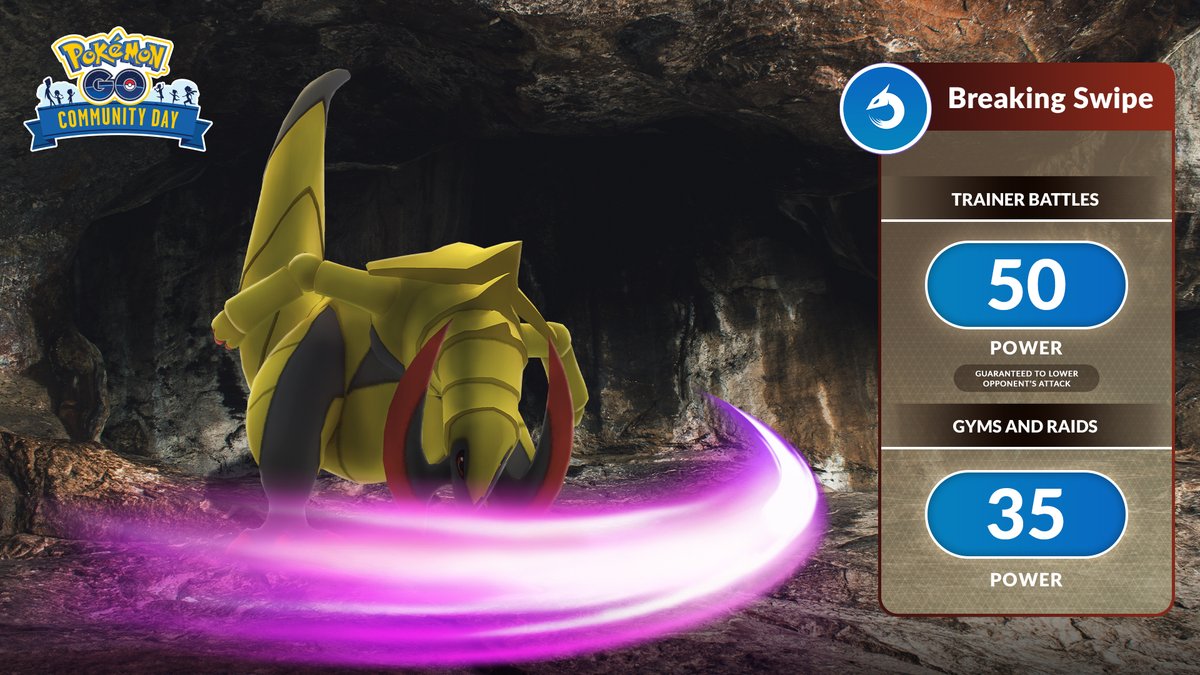 Don’t pass on this opportunity to get a Haxorus that knows Breaking Swipe!

 Evolve Fraxure during #PokemonGOCommunityDay on June 10 to get a Haxorus that knows Breaking Swipe.

pokemongolive.com/post/community…