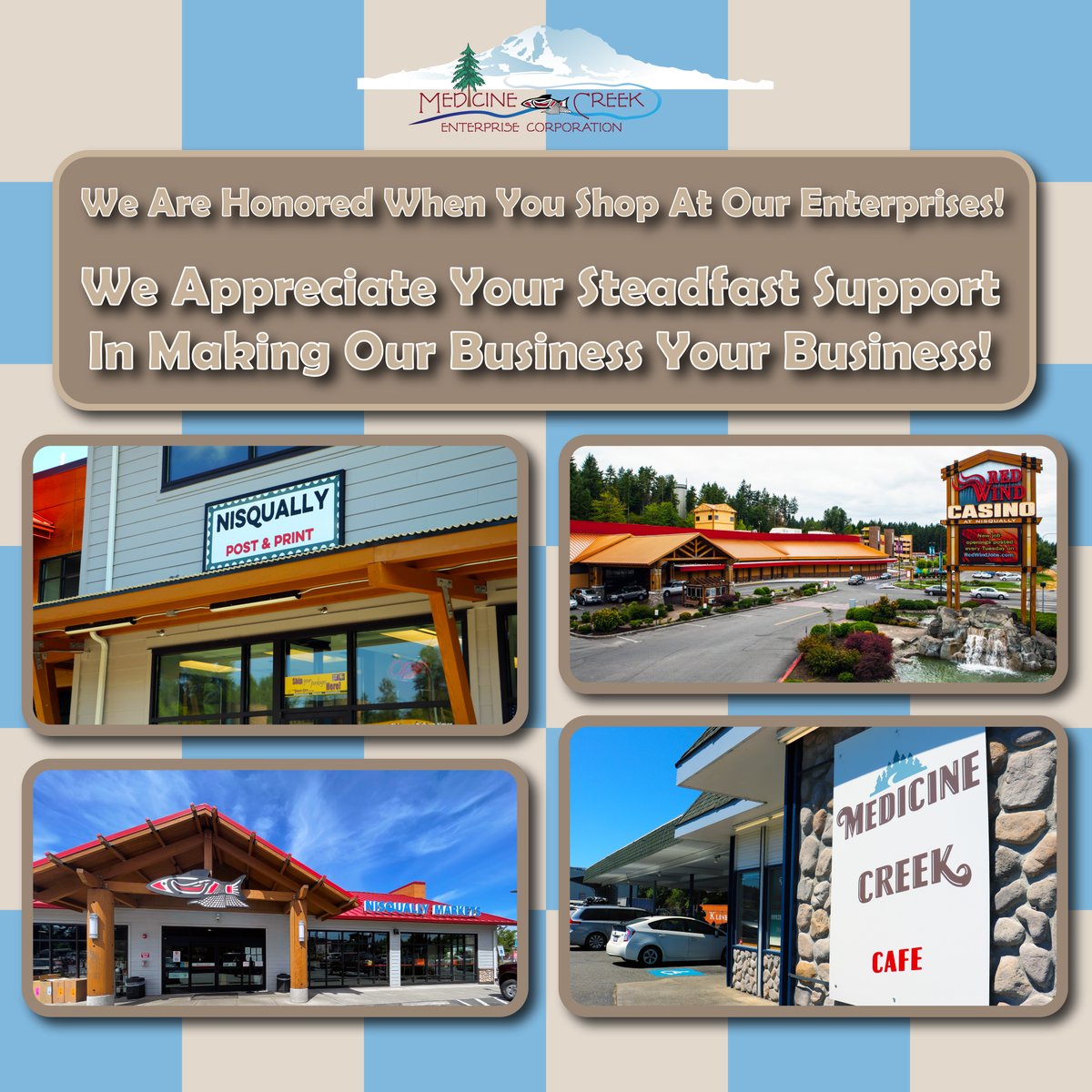 Stop by one of the Nisqually Indian Tribe’s enterprises today! #NisquallyPostAndPrint #MedicineCreekCafe #NisquallyMarkets #RedWindCasino #nativeowned #nativeownedbusiness