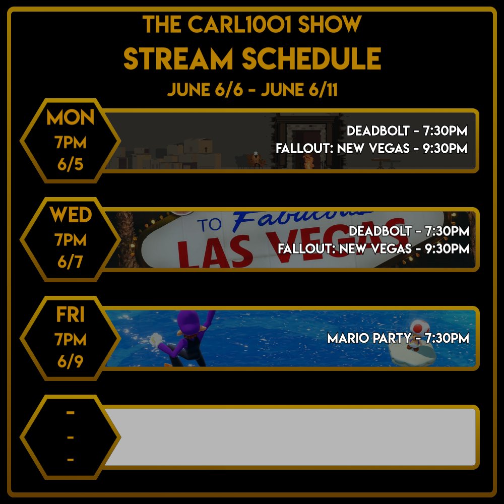 Carl10O1's tweet photo. Hey all! Here are some schedules for this week and this month for the stream! Looking forward to this month honestly and as always looking forward to seeing you all there at the stream! #TheCarl10O1Show #Carl10O1 https://t.co/Uvz5YVBZd0
