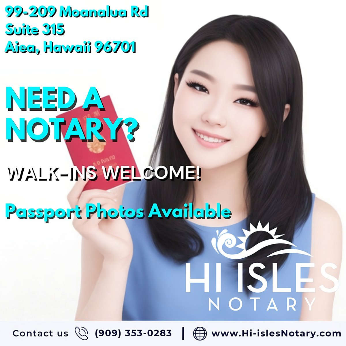 Looking for same-day walk-in notaries and passport photo services? Visit us today! #HiIslesNotary #WalkInNotaries #PassportPhotos #Convenience #Reliability #OneStopShop #AieaCommercialCenter #ConvenientNotaryServices #ProfessionalAssistance #HassleFreeProcess #notary