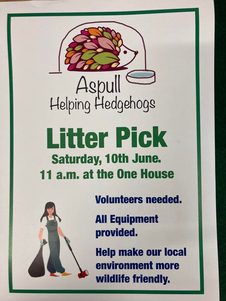 Cllr Laura Flynn (@cllrlauraflynn) on Twitter photo Local Litter Pick with #Aspull Helping Hedgehogs 🦔
📍<a href="/OneHouseAspull/">The One House</a> on Haigh Road
🗓️ This Saturday, 10 June
⏰ 11am
Equipment provided - please come along if you can spare an hour to help keep the village clean and more friendly for wildlife. Local Litter Pick with #Aspull Helping Hedgehogs 🦔
📍<a href="/OneHouseAspull/">The One House</a> on Haigh Road
🗓️ This Saturday, 10 June
⏰ 11am
Equipment provided - please come along if you can spare an hour to help keep the village clean and more friendly for wildlife.