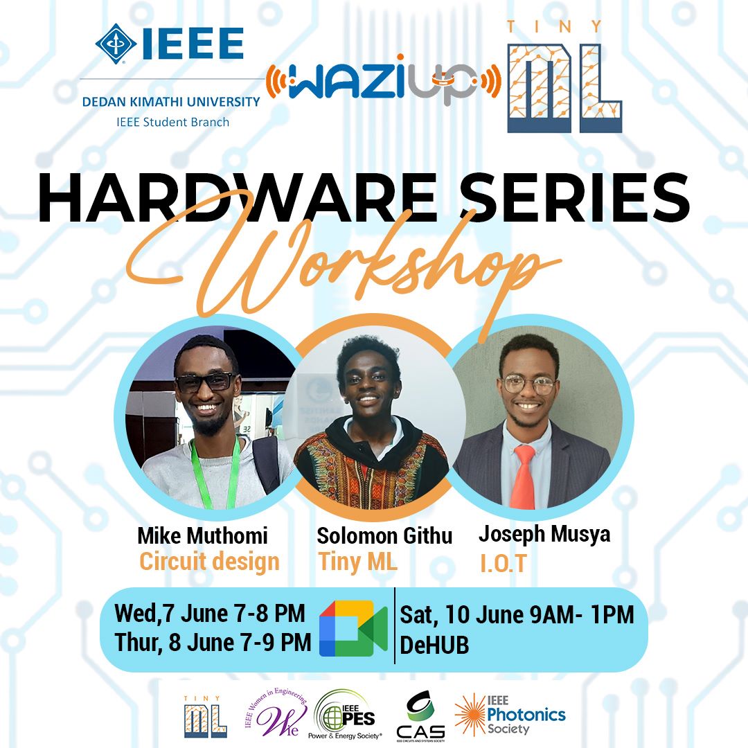 This is an event you simply cannot afford to miss! Join us at the #Hardware Series event🚀 We will be having a #TinyML and #IoT webinar first. A physical #TinyML workshop using @EdgeImpulse platform and @arduino's Arduino Nano 33 BLE Sense will be held afterwards. @waziupIOT