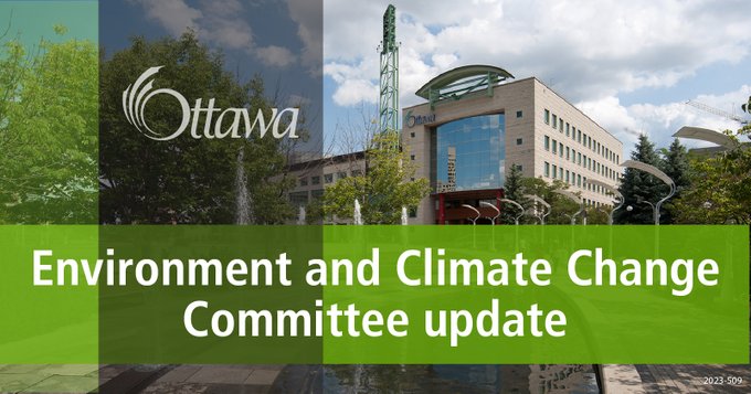 A graphic with Ottawa City Hall is in the background. A vertical grey stripe and a horizontal lime green stripe are in the foreground with "Environment and Climate Change Committee update" in the centre.