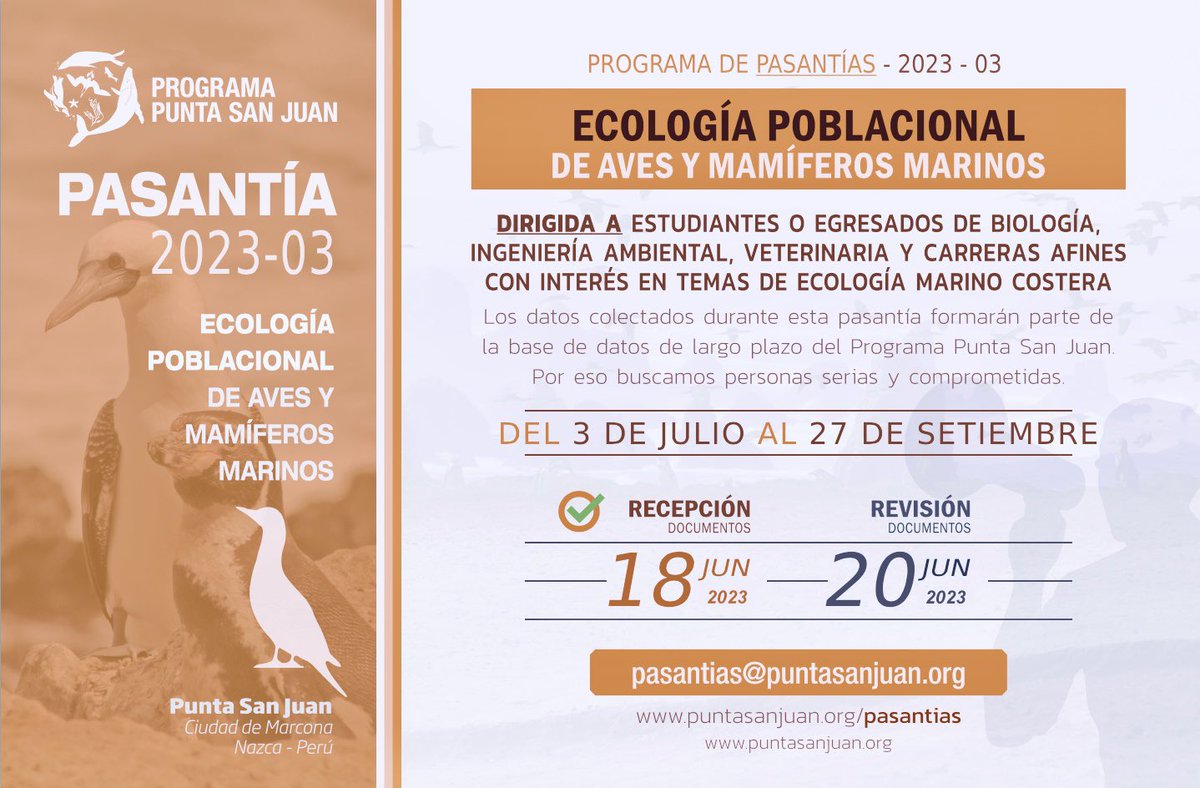 ProgramaPSJ's tweet photo. 🎉🌊 *CONVOCATORIA* para nuestro Programa de Pasantías - Invierno 2023 en "ECOLOGÍA POBLACIONAL DE AVES Y MAMÍFEROS MARINOS" 🐧🦭🐋🐦
✨ No te pierdas esta oportunidad! Postula y sé parte del #ProgramaPSJ 💙
✅ Todos los detalles de cómo aplicar en los afiches 👇 https://t.co/Pc2VYiRpNa
