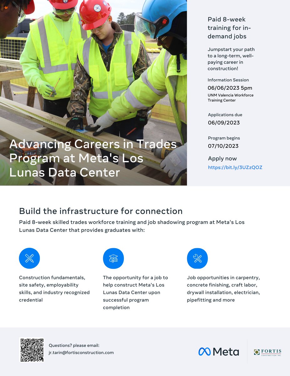 TOMORROW is the INFO SESSION for the Advancing Careers in Trades program - Los Lunas Data Center.

INFO SESSION: 5/6/2023 at 5:00pm
👉 UNM-Valencia Workforce Training Center, 1020 Huning Ranch, Los Lunas, NM 87031

Ready to APPLY? bit.ly/3UZzQOZ