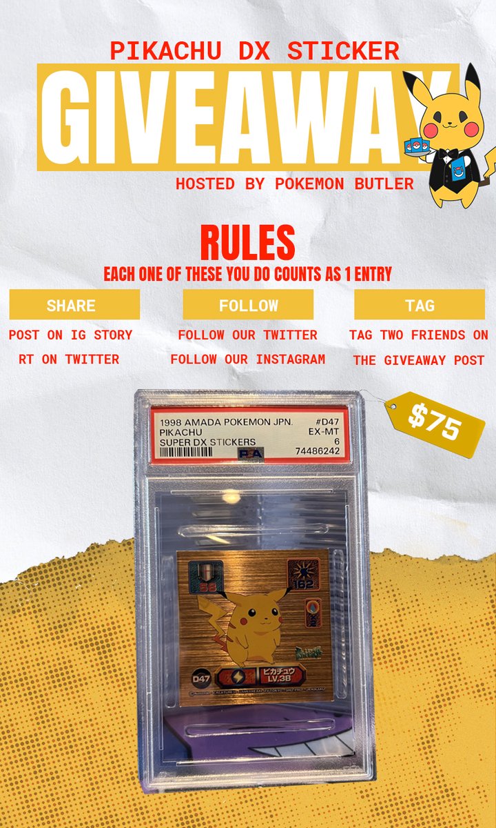 PokemonButler's tweet photo. PIKACHU DX STICKER    ~$75 VALUE  
TO ENTER:  Follow @PokemonButler
RETWEET 🔁
LIKE 📷
TAG @ 2 FRIENDS https://t.co/O9EBIgk0ff