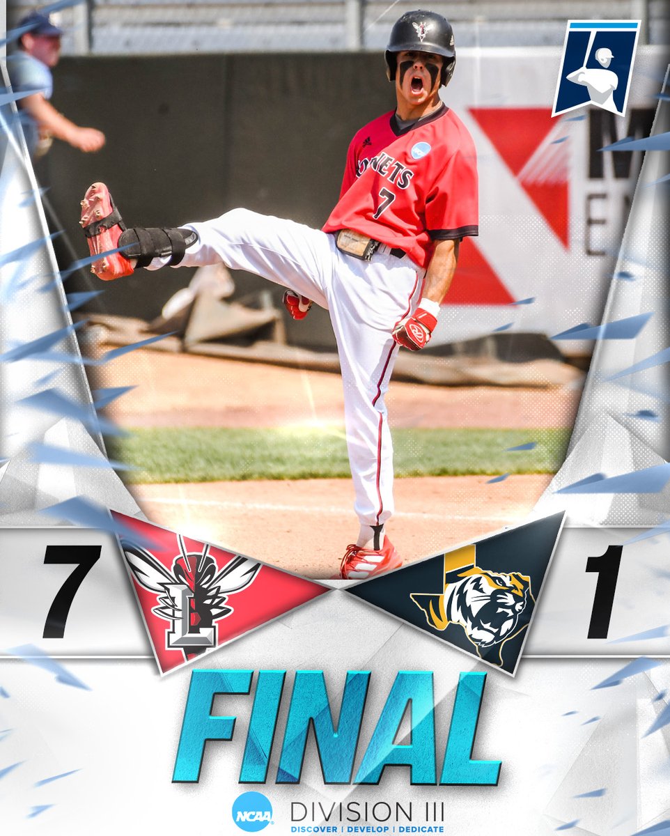 NCAADIII's tweet photo. 🚪KICKED DOWN THE DOOR TO THE CHAMPIONSHIP SERIES🚪

@lynhornets used another complete game pitching performance to become the first qualifier for the Championship Series with a 7-1 win win over East Texas Baptist. 

#d3baseball | #whyd3 https://t.co/xGRsry0Xyl