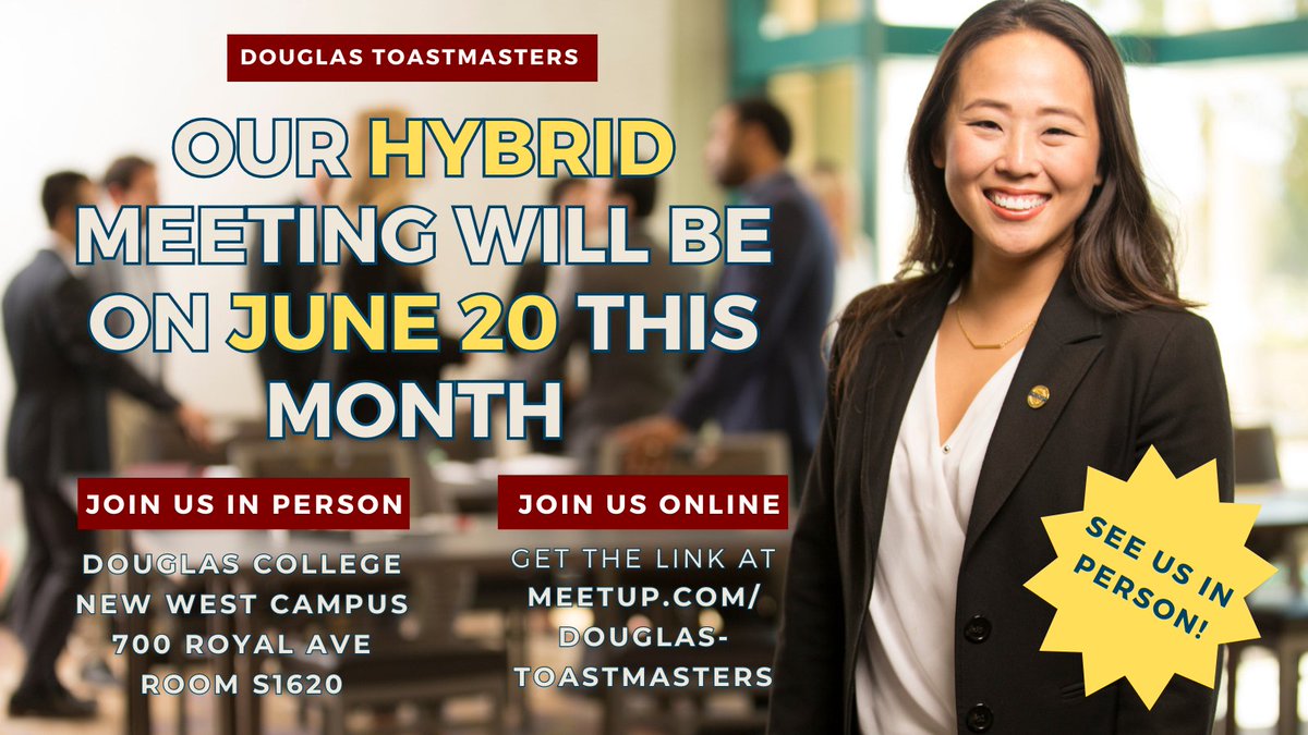 DouglasToasters's tweet image. 📅SPECIAL ANNOUNCEMENT📅 We're moving June's hybrid meeting from the 13th to the 20th.

That means June 13 will be online only, but we're excited to see some new faces in person on the 20th 😊 

Stay up-to-date on our meetings at meetup.com/Douglas-Toastm… 

#douglastoastmasters