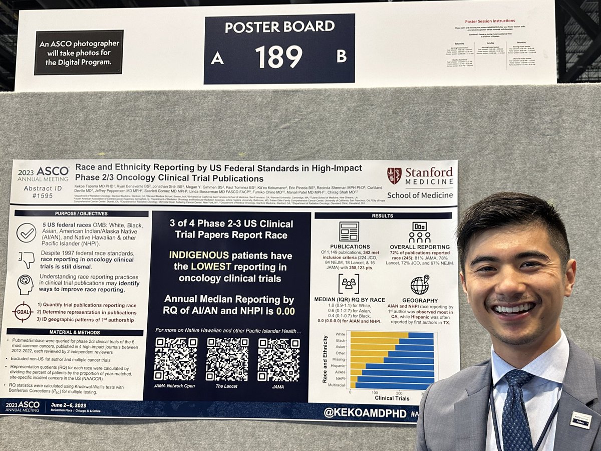 ✅ Poster #2

Debuting my @JCOOP_ASCO #EditorialFellowship project on #clinicalTrial race/ethnicity publication representation. Indigenous patients are the least represented. We need MORE #IndigenousVoices to help advocate. Strong team of incredible leaders & Indigenous students!