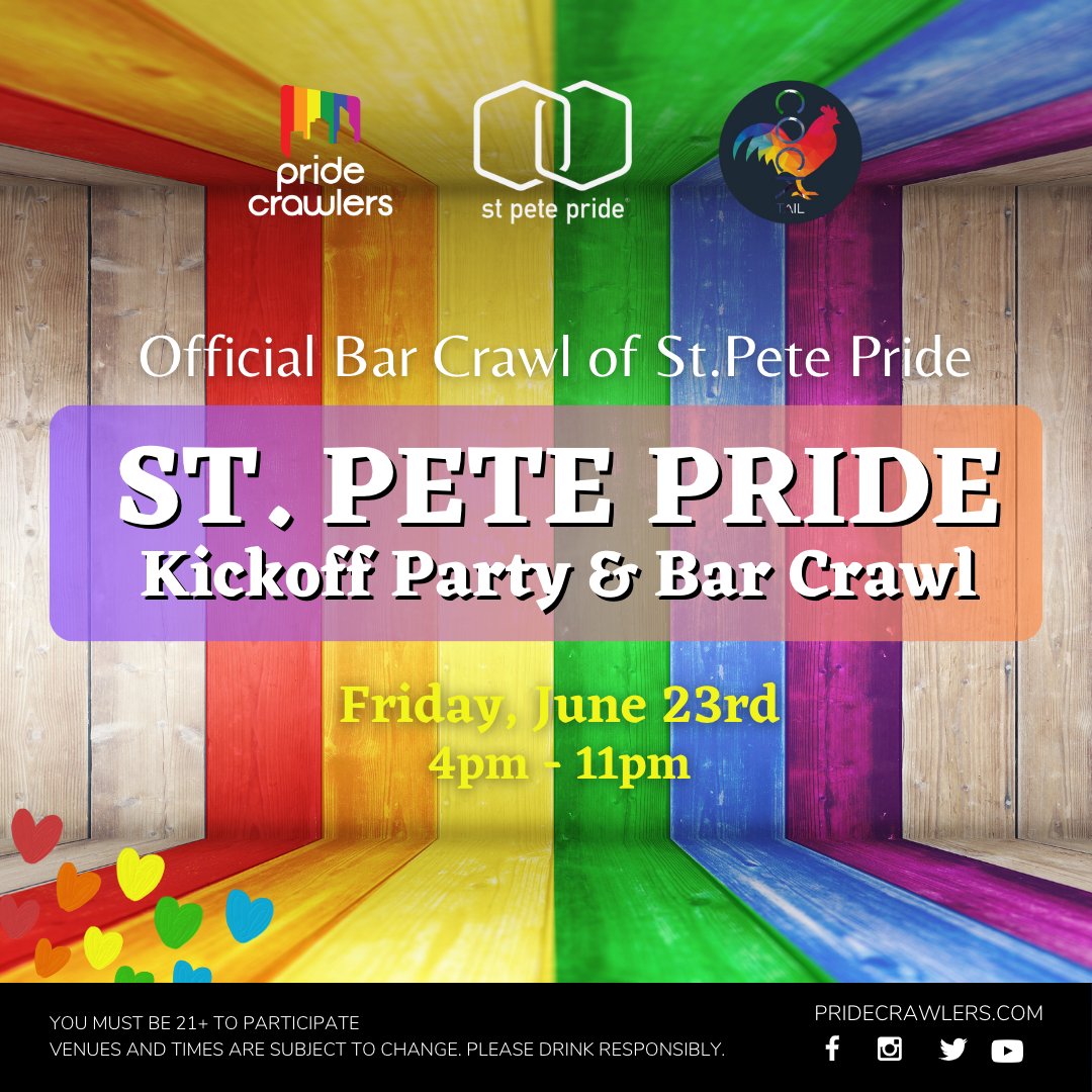 pridecrawlers's tweet photo. 🌈Get ready to paint the town in ALL the colors of the rainbow at our @stpetepride Kickoff Party &amp; #BarCrawl on June 23rd!
🍹Enjoy 5 free welcome shots, free cover &amp; exclusive drink specials as you tour the city's hottest #LGBTQ friendly bars!
💥Tickets: https://t.co/UrcSWkZPYw https://t.co/dzQFe7riAO