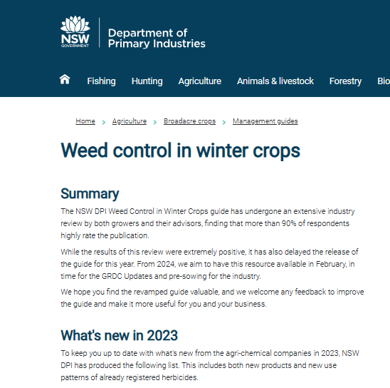 "What's new for weed control in 2023".
Follow the link ⬇️to find the latest herbicide releases, along with new uses for older chemistry. 
The @nswdpi Weed Control in Winter Crops will be out in the next couple of weeks👍

dpi.nsw.gov.au/agriculture/br…

<a href="/WeedSmartAU/">WeedSmart</a> <a href="/grdcnorth/">GRDC North</a>