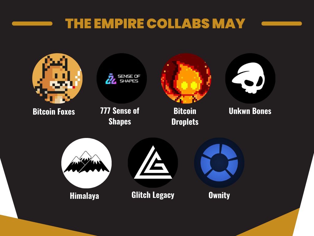 👑These are some  of many Collabs that we got last month! 👑

🟧Get ready for even more fantastic Whitelists🟧

To ensure you don't miss out on these amazing spots, we highly recommend joining our Discord

#jointheempire