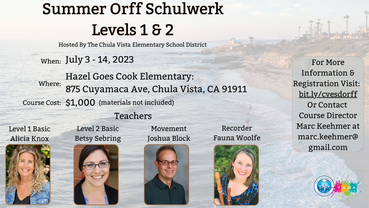 This July in beautiful San Diego.Level Up your music teaching with Orff Schulwerk levels. 🎵🎶

Register today - bit.ly/cvesdorff 

#musiceducation #orff #ProfessionalDevelopment #mused