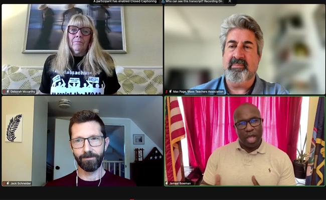 massteacher's tweet photo. 💻 Our forum on #highstakestesting is underway! @JamaalBowmanNY, sponsor of the federal More Teaching Less Testing bill, kicked it off with these words: "We need a revolution in education in America!" https://t.co/vLf1SNhCHt