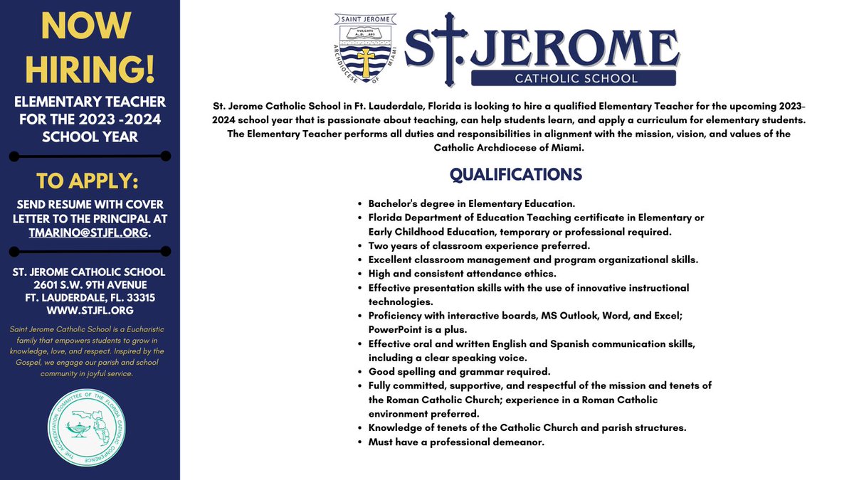stjeromeschool1's tweet photo. Saint Jerome Catholic School is looking for an elementary teacher to join our Panther family for the 2023-2024 school year! Please retweet this to help spread the word! 
#fortlauderdale #nowhiring #elementaryteacher #CatholicMiami https://t.co/PDMdzUcEhX