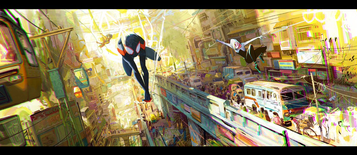 Miles, Gwen and Pavitr swinging in Mumbattan. Piece I made exploring the style of Spider-man India’s world. This image was important for me as it was able to set some foundations of what this world would become. #AcrossTheSpiderVerse