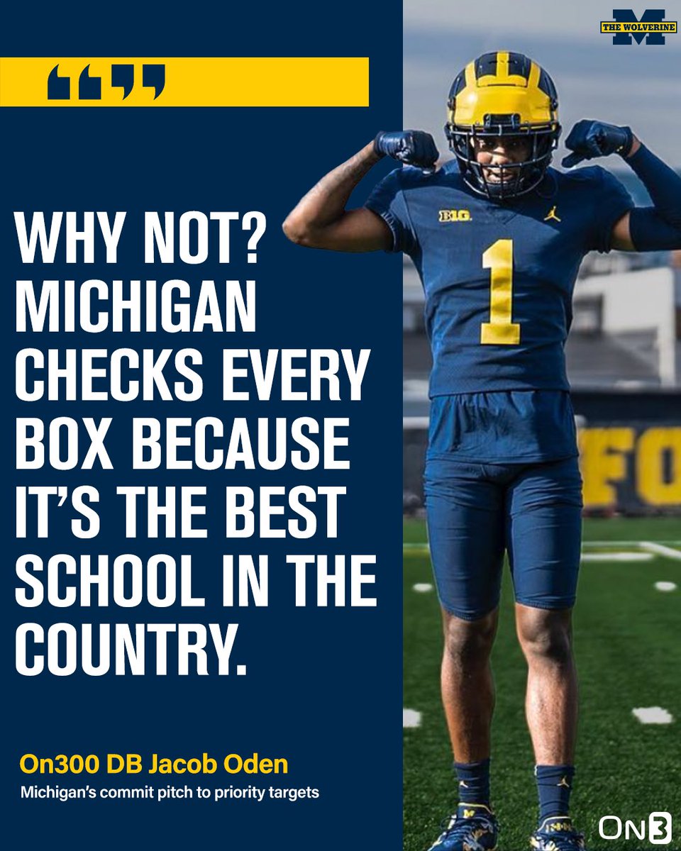 2024 Michigan 4⭐️ DB commit Jacob Oden’s message is simple to the top targets expected to officially visit this month. #GoBlue 

Feature Story: on3.com/teams/michigan…