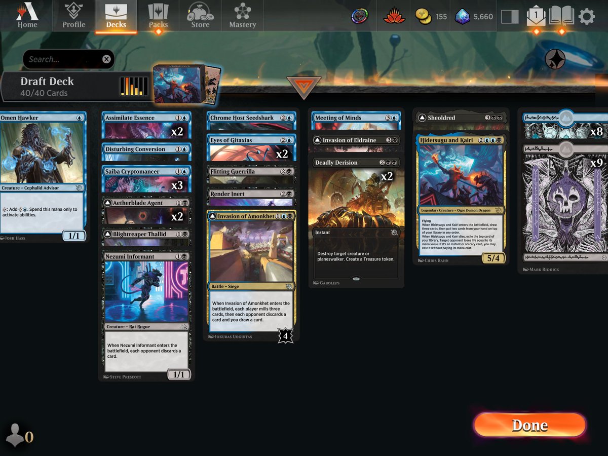 SaltDaddies's tweet photo. Two 0-3 drafts in a row, including this gem, which lost to T1 ragavan into t2 kor halberd when I had a crypto waiting for the block. Then ragavan exiled sheoldred then kairi.

Then lost to a T2 ozolith. Then a mirror match where they had all answers.  #worstpilot https://t.co/ukQfgf9IcF