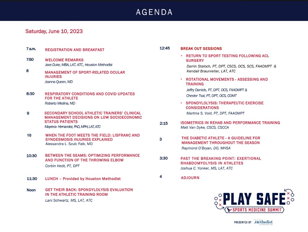 Another CEU opportunity on June 10th as presented by Houston Methodist's 2023 Play Safe Summit. More details and registration can be found at this link: …cation-houstonmethodist.thinkific.com/courses/PlaySa… Please share with your colleagues.