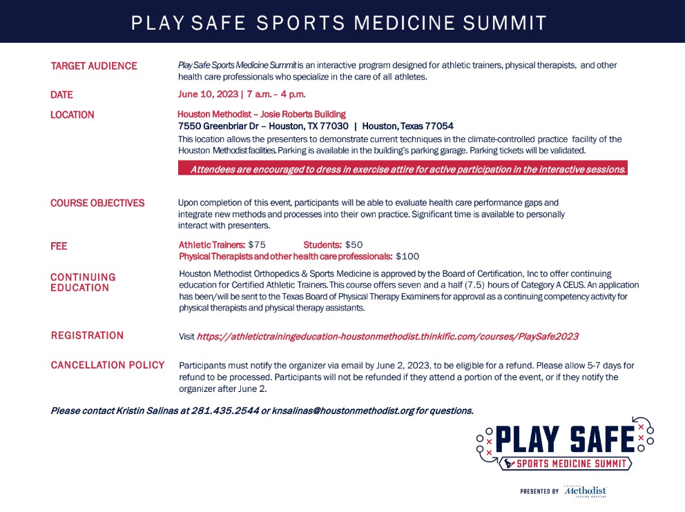 GHATSdotORG's tweet photo. Another CEU opportunity on June 10th as presented by Houston Methodist's 2023 Play Safe Summit. More details and registration can be found at this link: https://t.co/eKNwEJqpB1 Please share with your colleagues. https://t.co/krMCK7yRXd