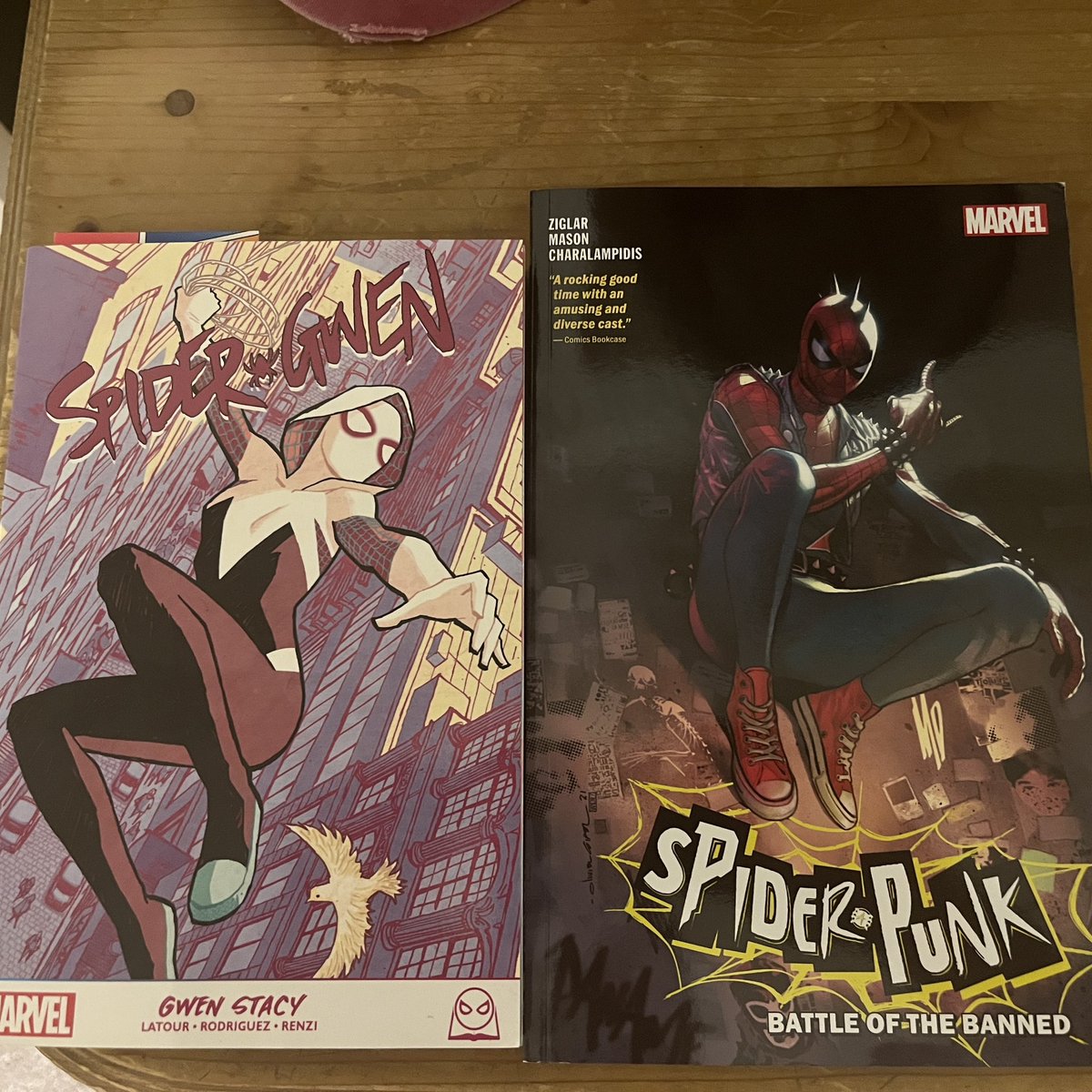 If you watched #spidermanacrossthespiderverse, and need more Gwen and Hobie while you wait for the next movie, pick up these collections from your local comic shop. @jasonlatour @ricorenzi @yayforzig @justinmasonart