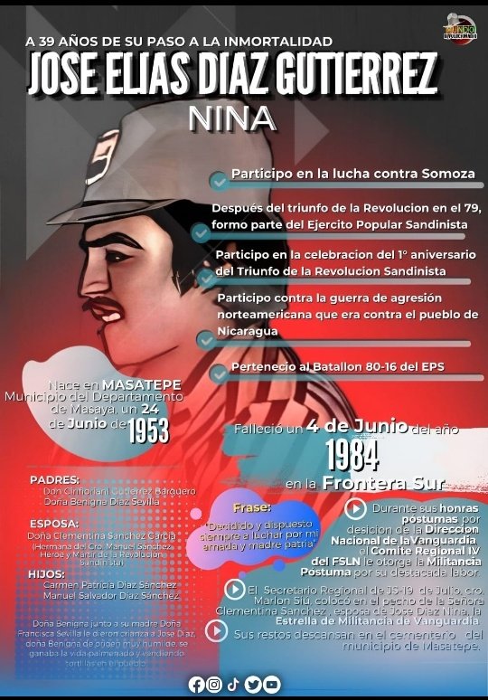 39 aniversario del paso a la inmortalidad de José Elias Diaz Gutierrez, conocido como Nina, Originario de Masatepe, perdió la vida en combate el 4 de junio de 1984 en la frontera sur de Nicaragua, perteneció al batallon 80-16 del EPS.

#JunioEnVictorias 
#LaPazNuestraVictoria
