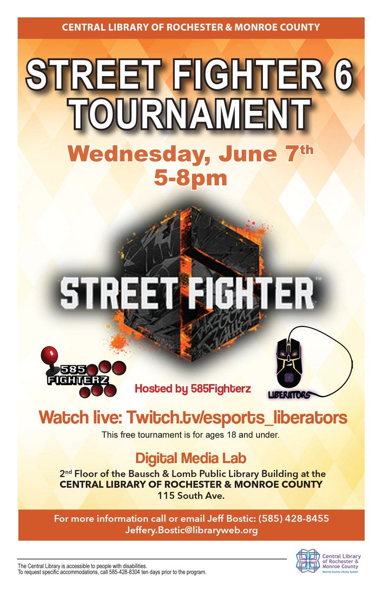 585FighterZ's tweet photo. The 585FighterZ are hosting a Beginner’s Tournament for the Youth in conjunction w/ The Liberators, ImagineYou Digital Media Lab and the Central Library! Thank you to Jeff Bostic for providing for our City’s youth! 
#585Z #FGC #SF6 #StreetFighter6 #tournament https://t.co/SmaDtxYO8X
