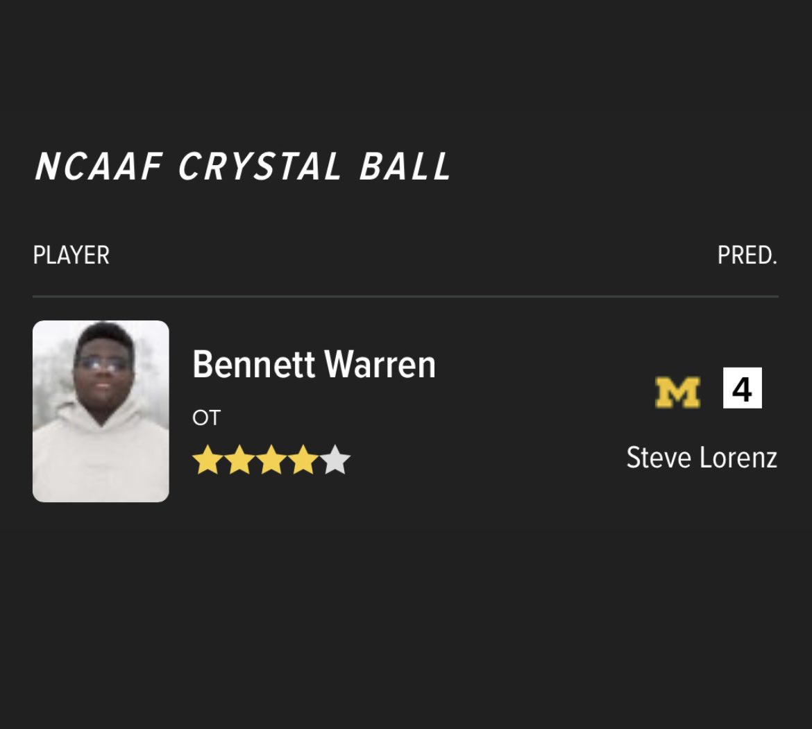 2024 4⭐️ OT Bennett Warren has been crystal balled to Michigan 

The 6’8 330 pound prospect from Sugar Land, TX is scheduled to officially visit Michigan this weekend #GoBlue