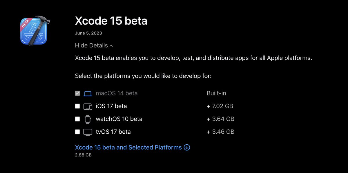 If you are struggling to download Xcode 15 beta from the Apple developer website and getting a simulator runtime instead, try unchecking the iOS box and downloading again: developer.apple.com/download/all/?… 

#WWDC23