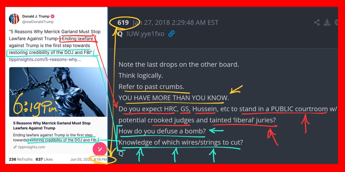 🦅🇺🇸💥DRJ CRUMBS💥🇺🇸🦅
END LAWFARE/RESTORING CREDIBILITY OF DOJ&FBI.
At 6:19PM

##619
Note the last drops on the other board.
Think logically.
Refer to past crumbs.
💥YOU HAVE MORE THAN YOU KNOW.💥
👉Do you EXPECT HRC, GS, Hussein, etc to STAND in a PUBLIC courtroom w/ potential…